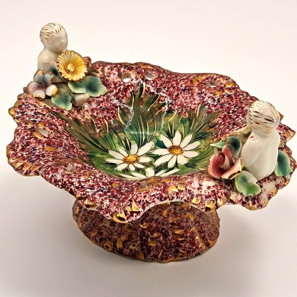 Vintage Italian Capodimonte Style Porcelain Pedestal Dish Cherubs Floral Gold